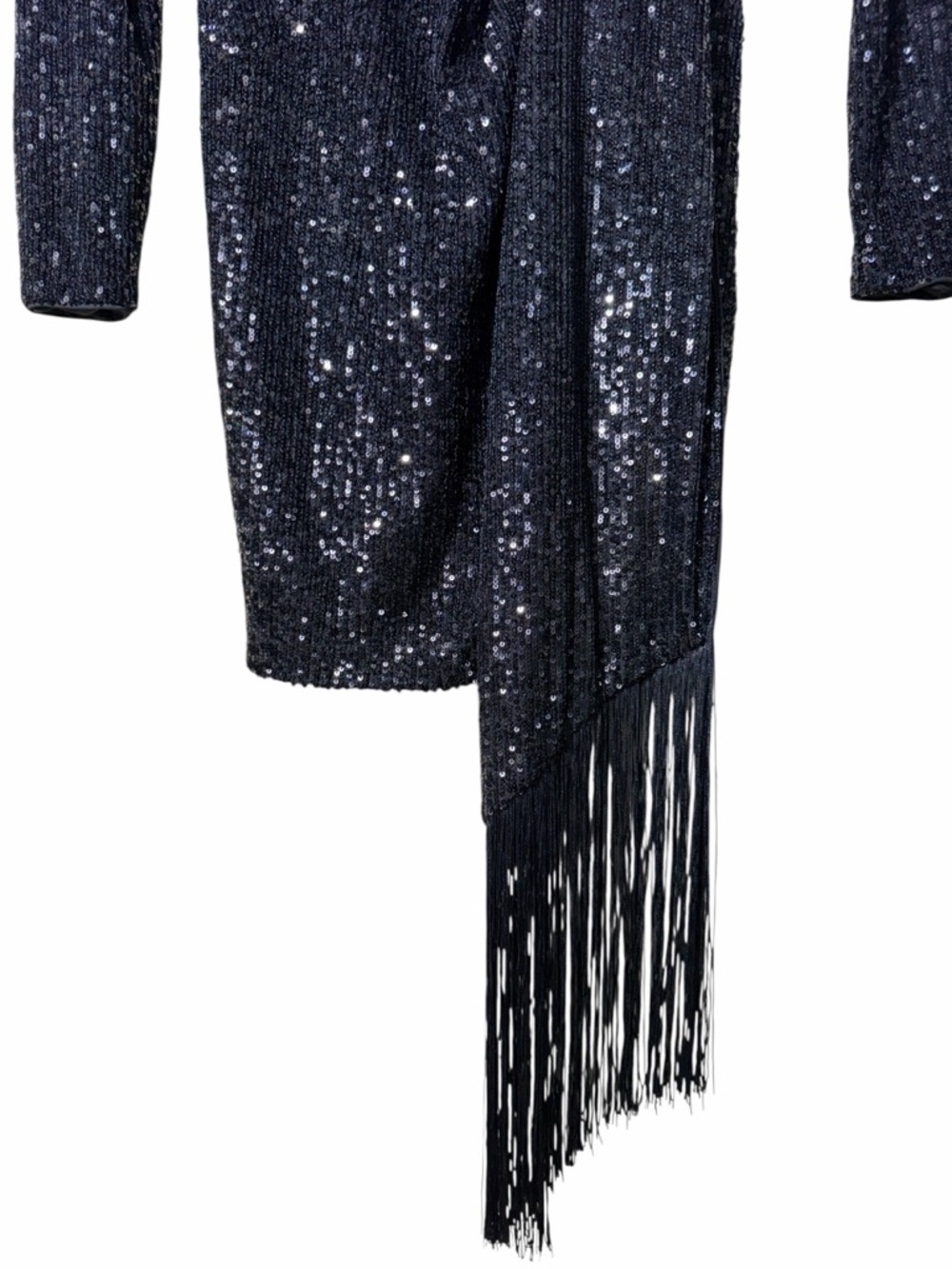 Belle Badgley Mischka Black Sequin Long Sleeve Harley Fringe Cocktail Dress Sz 2 - Picture 2 of 9